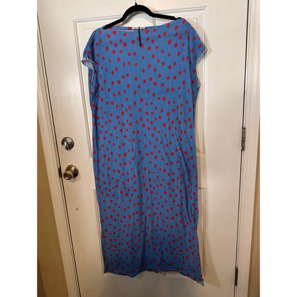 Zara Trafaluc Dress Women's Medium Blue/Red Polka Dots Cap Sleeve Pleated Midi - Picture 4 of 7
